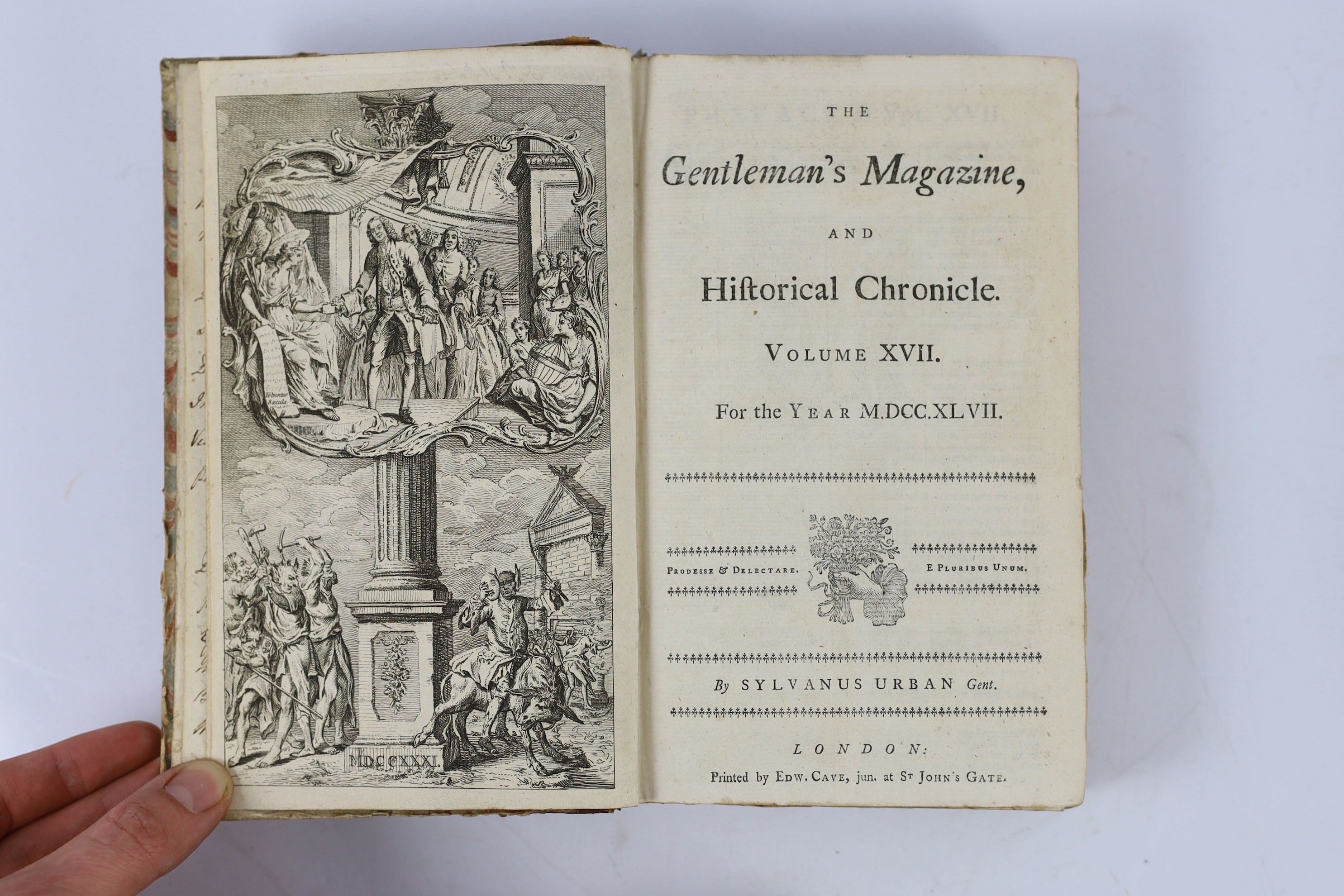 The Gentleman’s Magazine: Or Monthly Intelligencer ... vols. IV and V. pictorial part titles, engraved plates, maps and plans; contemp. panelled calf. 1734-35; The Gentleman's Magazine, and Historical Chronicle, vols. XV